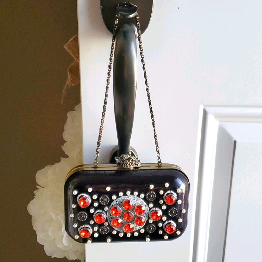 NWOT Black bag with red bling and pearls
